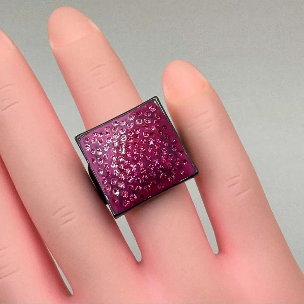 Pink Crystal Ombre Statement Ring Dark Gunmetal Tone Bold Square Ring